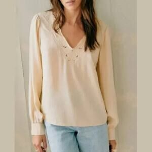 Sézane Womens Cream Ercu French Silk Lace Trim Juliette Blouse Shirt Top 36 US 4
